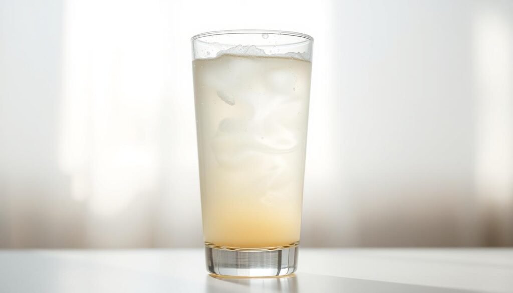 A crystal clear glass filled with a translucent, pale-yellow liquid, gently swirling and catching the soft, diffused light filtering through a window. The whey protein drink appears light and refreshing, inviting the viewer to experience its crisp, hydrating essence after an intense workout. Faint bubbles rise to the surface, hinting at a lively, effervescent mouthfeel. The glass stands atop a sleek, minimalist surface, surrounded by a clean, airy atmosphere that evokes a sense of purity and rejuvenation. The composition emphasizes the drink's clarity and simplicity, reflecting the &amp;quot;light and refreshing&amp;quot; theme of the article section.