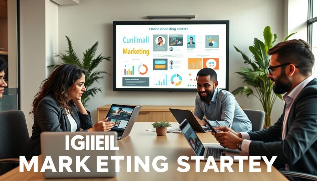 A dynamic digital marketing strategy concept for an online video editing course. In the foreground, a diverse group of three professionals, one woman and two men, are engaged in brainstorming, surrounded by laptops and tablets displaying video editing software. They are dressed in smart casual attire, exuding creativity and collaboration. In the middle, colorful charts and infographics illustrating marketing tactics, social media engagement, and student recruitment strategies are projected on a sleek wall. The background features a modern, well-lit workspace with greenery, promoting a vibrant atmosphere of innovation. Soft, natural lighting enhances the environment, creating an inviting and motivating mood perfect for generating ideas and attracting students.