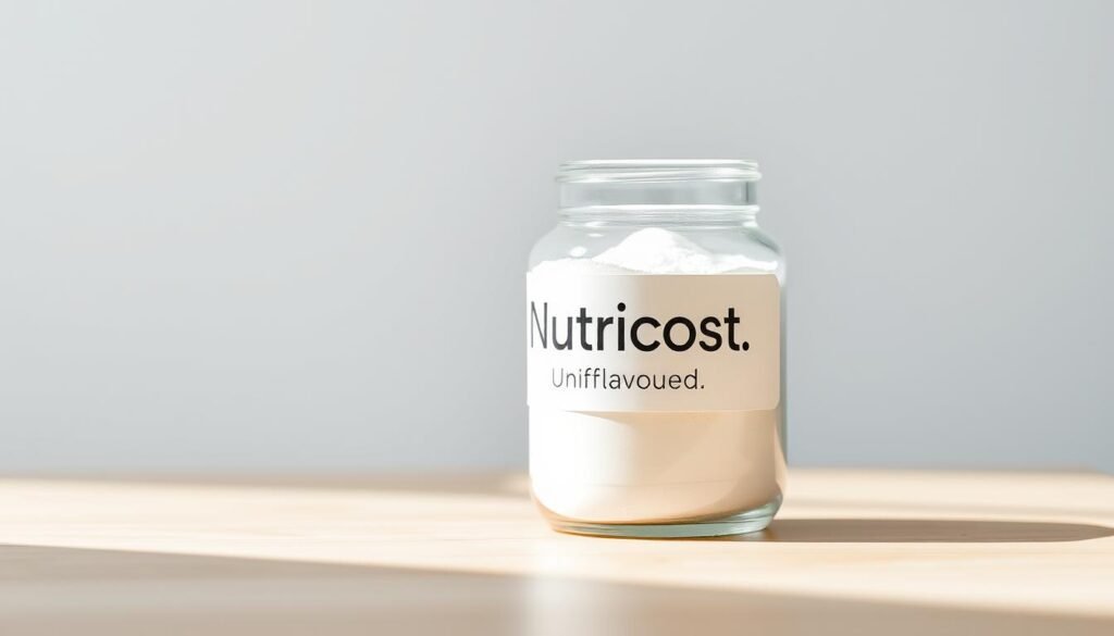 A glass container filled with a powdery, smooth, and pristine white substance sits on a clean, minimalist wooden surface, illuminated by soft, natural lighting from the side. The container's label prominently displays the words &amp;quot;Nutricost Unflavored&amp;quot; in a simple, sans-serif font, conveying a sense of purity and quality. The background is blurred, creating a focus on the centerpiece product, which is captured from a slightly elevated angle to emphasize its simple yet refined presentation. The overall mood is one of simplicity, clarity, and a dedication to the essential nutrition of the product.