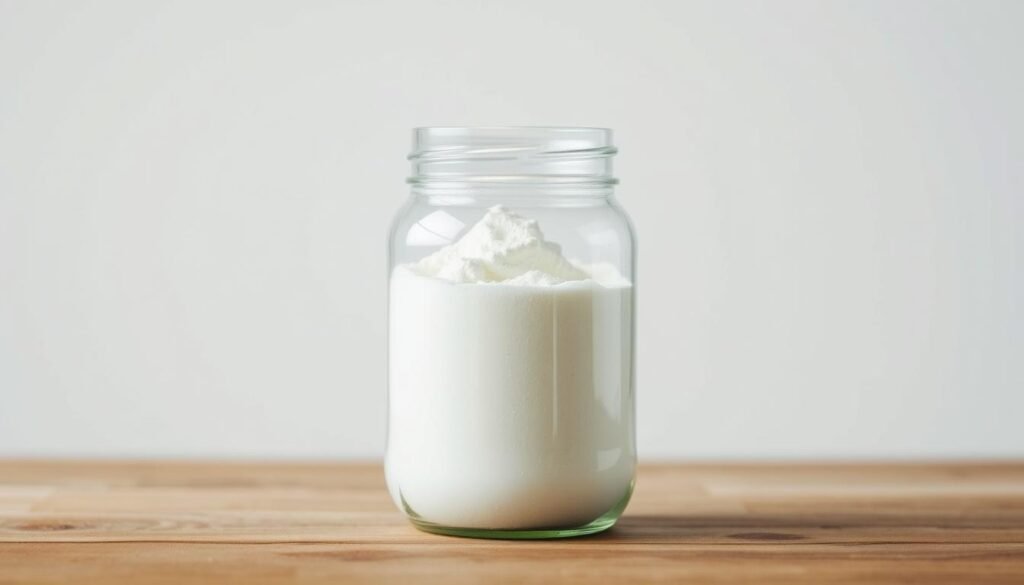 A glass container filled with a powdery white substance, positioned on a wooden table against a plain backdrop. The lighting is soft and diffused, highlighting the texture and transparency of the container. The image conveys a sense of purity, simplicity, and functionality, aligning with the concept of a safe, supplementary protein powder, not a replacement for a balanced diet.