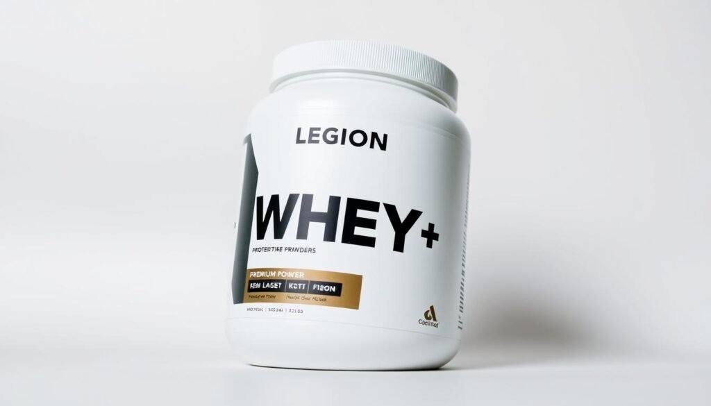 A high-quality, closeup photograph of a canister of Legion Whey+ protein powder. The canister has a minimalist, premium design with a sleek white and black color scheme. The front label prominently displays the Legion Whey+ logo and brand name. The lighting is soft and diffused, creating a clean, professional look. The angle is slightly angled from above, showcasing the cylindrical shape of the canister. The background is simple and uncluttered, allowing the protein powder canister to be the focal point. The overall mood is one of quality, purity, and health-consciousness.