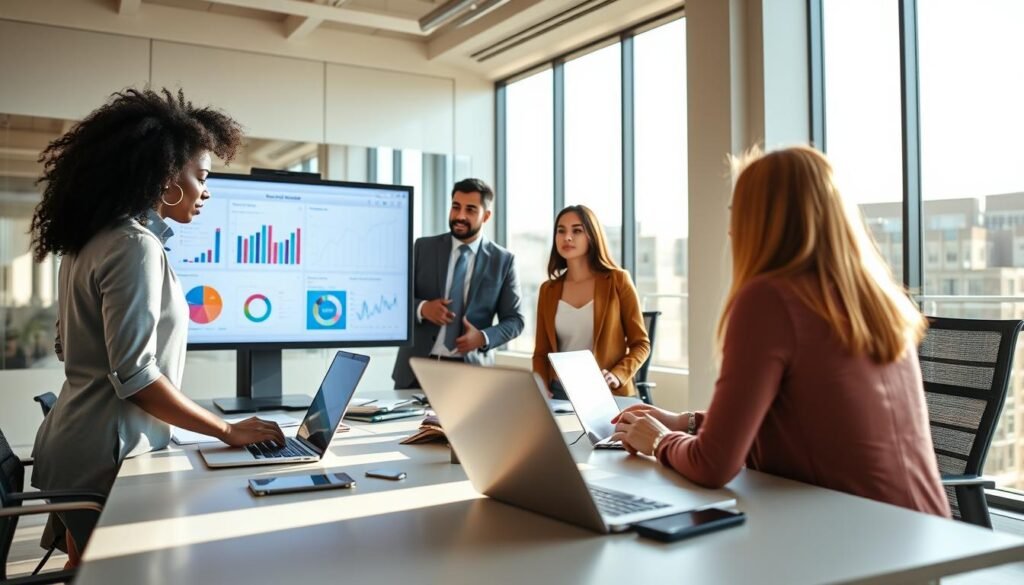 A modern office setting depicting a business meeting focused on data analysis implementation. In the foreground, a diverse group of three professionals—a Black female data analyst, a Hispanic male business manager, and a Caucasian female project leader—are engaged in a lively discussion around a large digital screen displaying colorful charts and graphs. The middle ground features a sleek conference table cluttered with laptops and documents, emphasizing a collaborative atmosphere. In the background, large windows let in natural light, creating a bright and inviting workspace. Soft shadows enhance the dynamic mood, while the overall color palette conveys a sense of professionalism and innovation. Capture a wide-angle perspective to emphasize the teamwork and strategic focus.