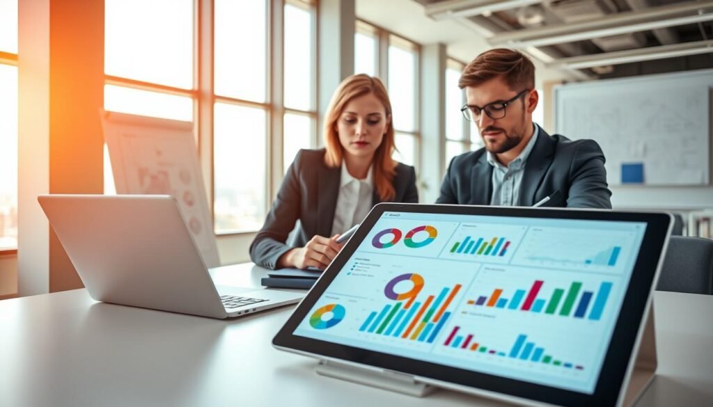 A modern office workspace with a professional woman and man analyzing sales data on a sleek laptop; they are dressed in business attire, focused on charts and graphs displayed on the screen. In the foreground, a digital tablet displays colorful pie charts and bar graphs, symbolizing efficient stock management. The middle ground features a large whiteboard with notes and diagrams, indicating practical steps in sales data analysis. In the background, floor-to-ceiling windows reveal a city view, with soft natural light illuminating the space, creating a productive atmosphere. The mood is collaborative and analytical, showcasing teamwork and data-driven decision-making in a vibrant, contemporary office setting.