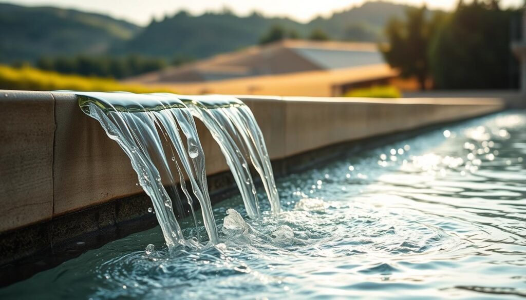 A pristine flow of crystal clear water cascades gently down a smooth, polished stone surface, creating a mesmerizing display of shimmering droplets and tranquil ripples. The scene is bathed in soft, natural lighting that casts warm, diffused shadows, highlighting the water's captivating transparency and the subtle textures of the surrounding environment. In the background, lush greenery and a serene, minimalist landscape provide a calming, serene backdrop, evoking a sense of harmony and environmental responsibility. The overall composition is visually striking, inviting the viewer to appreciate the beauty and importance of water management and responsible waste disposal.