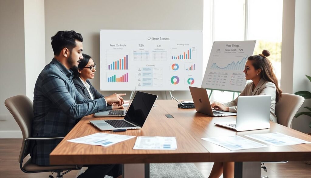 A professional and visually engaging scene depicting a strategy meeting for online course pricing. In the foreground, a diverse group of three business professionals, dressed in smart casual attire, are seated around a sleek wooden table covered in laptops, charts, and data reports. One individual points at a laptop screen displaying pricing models, suggesting a focus on maximizing profit. In the middle, whiteboards filled with colorful graphs and pricing strategies illustrate key concepts in the discussion. In the background, a large window allows soft, natural light to stream into the room, creating an inviting atmosphere. The overall mood is collaborative and focused, with a hint of enthusiasm for innovative pricing solutions in the online education market.