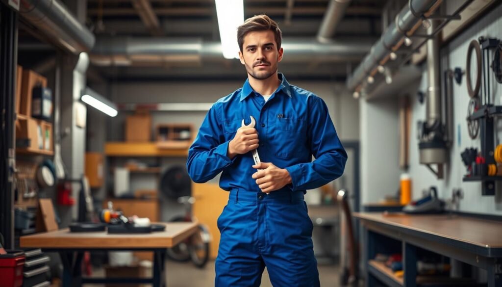 A professional, hardworking team member standing in a well-lit, industrial-style workshop setting. The person is wearing a bright blue jumpsuit, their expression focused and determined as they hold a wrench, ready to contribute to the efficient operation of the bike wash. The background features neatly organized tools, a work bench, and a sense of order and productivity. The overall atmosphere conveys a sense of dedication, teamwork, and a commitment to delivering high-quality results within a specified timeframe.