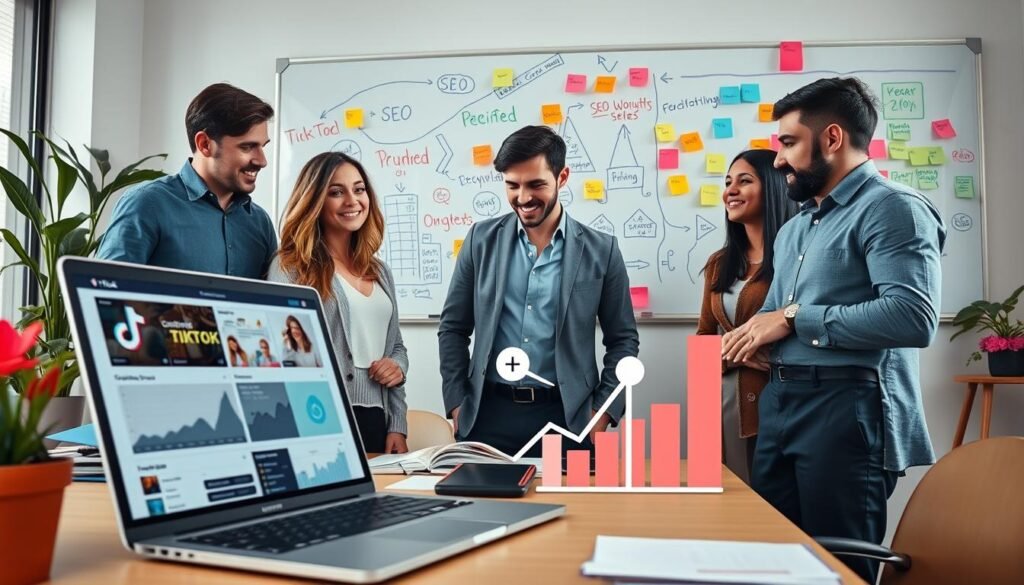 A dynamic and vibrant workspace filled with digital marketing elements. In the foreground, a laptop displays analytics dashboards and social media posts on TikTok and Instagram. A diverse group of professionals in smart casual attire collaborates, examining content strategies; their expressions reflect focus and creativity. The middle ground includes vibrant graphics illustrating SEO keywords and social media icons, floating charts showing upward trends in sales. In the background, a whiteboard filled with brainstorming ideas and colorful sticky notes adds a sense of active engagement. Soft, natural lighting illuminates the scene, creating a professional yet inviting atmosphere. The image captures the essence of optimizing social media content and SEO to enhance sales, showcasing a modern, collaborative work environment.