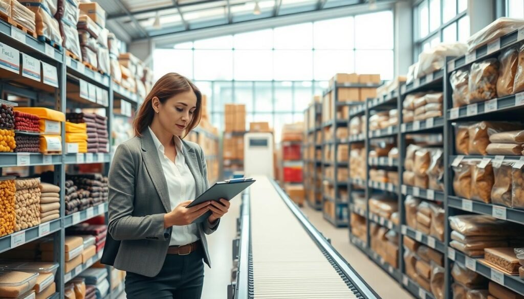 A modern stock management scene in a bright, organized warehouse, focusing on raw materials for snack production. In the foreground, a professional woman in smart casual attire, checking inventory on a clipboard, surrounded by neatly labeled shelves filled with colorful ingredients like dried fruits, nuts, and flour. In the middle, conveyor belts and storage bins create a dynamic environment, showcasing efficient supply chain management. The background features large windows allowing natural light to flood the space, enhancing the optimistic atmosphere of productivity and organization. The angle is slightly elevated for a comprehensive view, conveying a sense of professionalism and thoroughness in managing stock for a successful snack business.