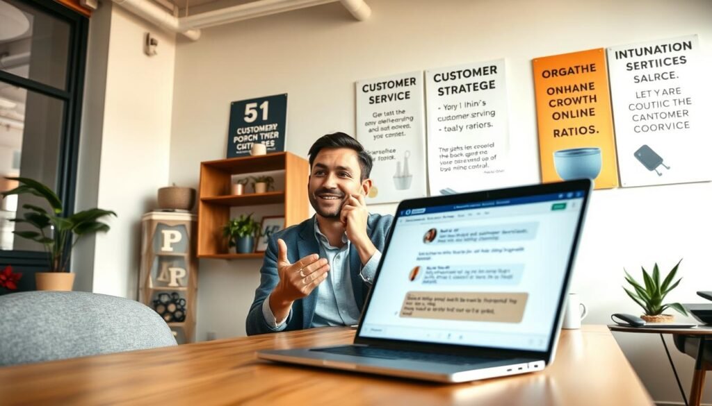 A professional and inviting office environment where a businessperson in modest casual clothing engages in a thoughtful conversation with a customer over a laptop. In the foreground, display a close-up of the laptop screen showing a friendly chat interface. The middle shows the businessperson conveying enthusiasm and attentiveness, with gestures indicating active listening. In the background, a well-organized workspace with motivational posters about customer service strategies and organic growth principles. Warm, natural lighting enhances the scene, creating a positive and approachable atmosphere. The angle is slightly above eye level, adding a dynamic perspective to the interaction. Overall, the image conveys the essence of effective communication strategies for enhancing online store ratings without relying on fake reviews.