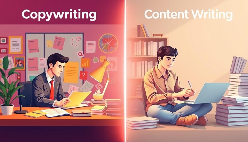 A split-screen illustration depicting the fundamental differences between copywriting and content writing. On the left, a vibrant workspace showing a focused copywriter in professional attire, surrounded by colorful marketing materials, emphasizing persuasive language. On the right, a calm environment with a content writer in modest casual clothing, immersed in creating informative articles on a laptop, surrounded by books and articles. Use soft lighting to create a warm, inviting atmosphere, with a balanced composition drawing the viewer's eye. The foreground should highlight the contrasting elements of their work, while the background softly fades, suggesting a seamless blend between the two writing styles. The overall mood is professional yet approachable, showcasing the unique importance of each writing discipline.