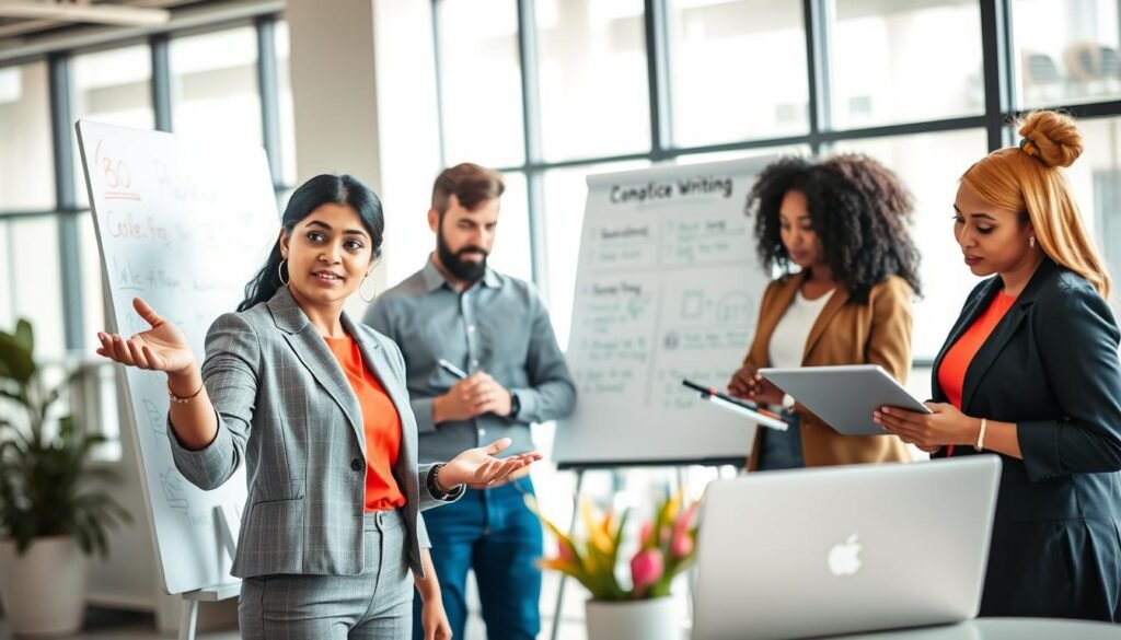 A vibrant, modern office setting with a diverse group of professionals engaged in a brainstorming session. In the foreground, a South Asian woman in smart casual attire facilitates a discussion, gesturing towards a whiteboard filled with marketing strategies. In the middle, a Caucasian man takes notes on a laptop, while an African-American woman shares insights with a focus on social media content. The background features large windows with natural light streaming in, illuminating the creative workspace. The atmosphere is dynamic and collaborative, capturing the essence of practical applications of copywriting and content writing in an online business context. The image should be bright and colorful, conveying a sense of enthusiasm and productivity, with a shallow depth of field for a professional look.
