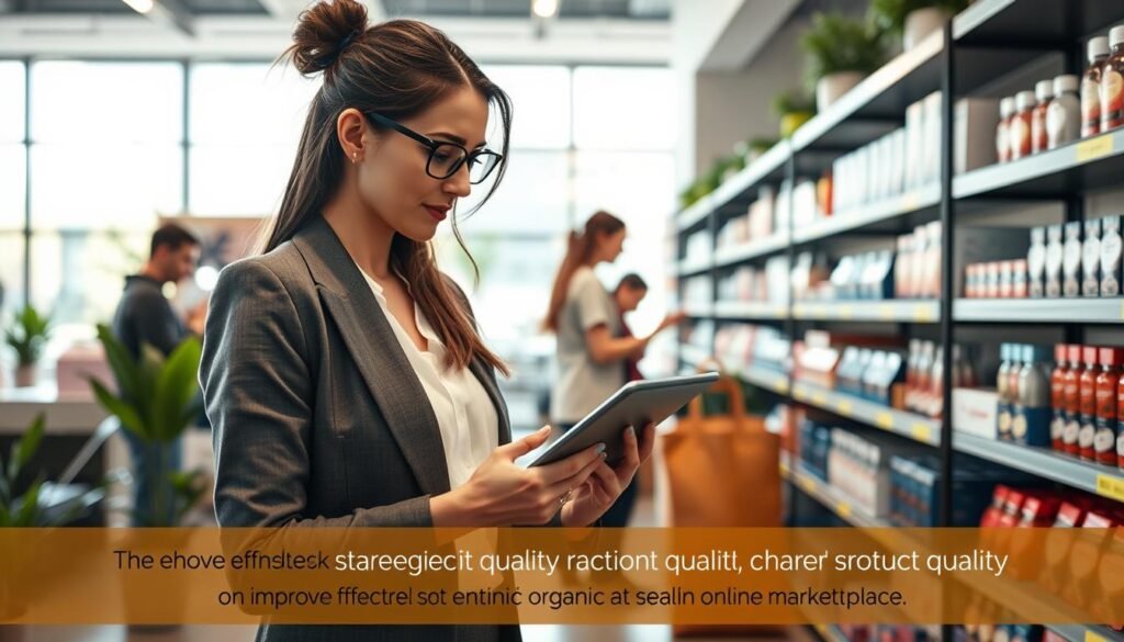 A visually engaging scene depicting a modern retail store environment focused on enhancing product quality. In the foreground, a confident businesswoman in professional attire is analyzing a product, taking notes on a digital tablet. The middle ground features well-organized shelves displaying high-quality products, with an emphasis on packaging and presentation. In the background, soft natural light filters through large windows, creating a bright and inviting atmosphere. Subtle details include plants adding a touch of greenery, and customer interaction, showcasing the effective strategies in action. The overall mood should be one of professionalism and optimism, illustrating a proactive approach to improving a store's organic ratings in a competitive online marketplace.