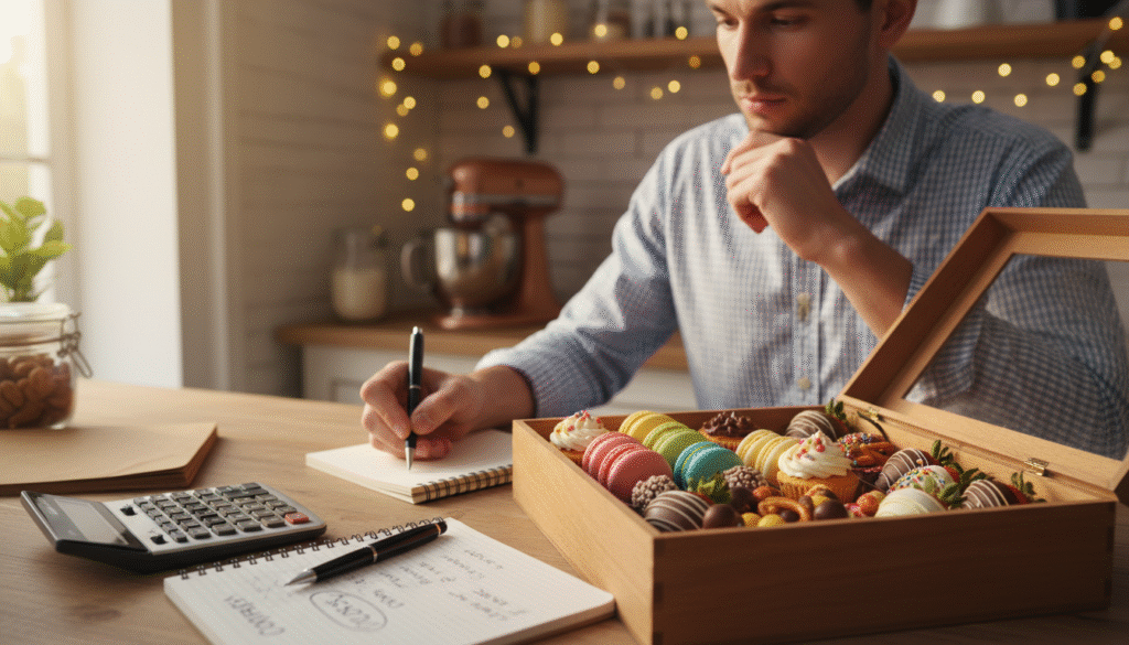 A visually engaging workspace featuring a beautifully arranged dessert box filled with a variety of colorful mini desserts, such as macarons, cupcakes, and chocolate-covered treats. The foreground highlights a calculator and notepad, symbolizing financial calculations and pricing strategies. The middle ground shows a hand in a stylish business casual shirt writing notes, with a thoughtful expression, emphasizing the strategic planning involved. The background features a softly blurred kitchen with warm lights, creating an inviting atmosphere. The overall mood is professional yet creative, reflecting the balance between business acumen and culinary art. Use natural light to enhance colors and textures, shot from a slightly elevated angle to capture the entire scene.