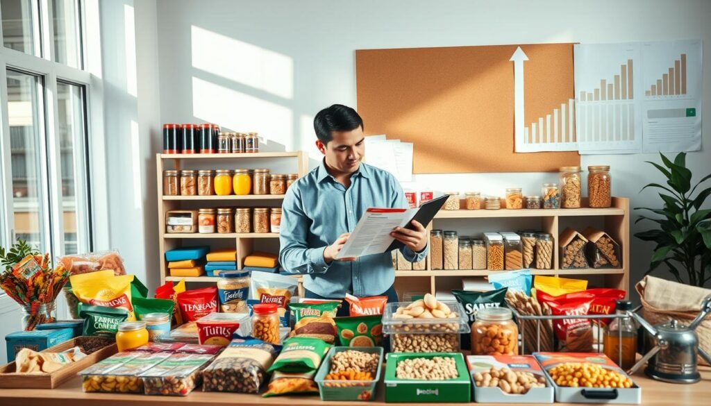 A well-organized workspace dedicated to the management of a snack business. In the foreground, a table is filled with various snack products, neatly arranged in creative packaging. A business professional, dressed in modest casual clothing, examines a financial plan on a tablet, surrounded by colorful snack items. In the middle, shelves lined with jars of snacks and ingredients showcase the diversity of offerings. The background features a large window allowing natural light to flood the room, casting soft shadows and creating a warm atmosphere. A corkboard displays strategies and growth charts, emphasizing careful financial management. The overall mood is focused and optimistic, highlighting the potential success of the snack business.