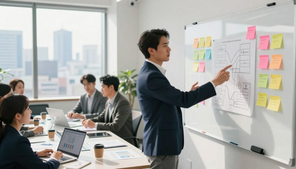 A determined business professional standing in a modern office environment, facing a large whiteboard filled with colorful post-it notes and strategy diagrams. In the foreground, the individual, dressed in a smart business suit, is gesturing confidently while analyzing potential solutions to challenges they face in executing their business plan. The middle ground features a sleek conference table with laptops, charts, and a cup of coffee, symbolizing a collaborative effort. The background includes large windows showing a city skyline, filling the scene with natural sunlight that creates a motivating atmosphere. The overall mood is one of focus and tension, as the professional navigates hurdles with a determined expression. Use a slightly overhead angle to convey depth and engagement in this dynamic environment.