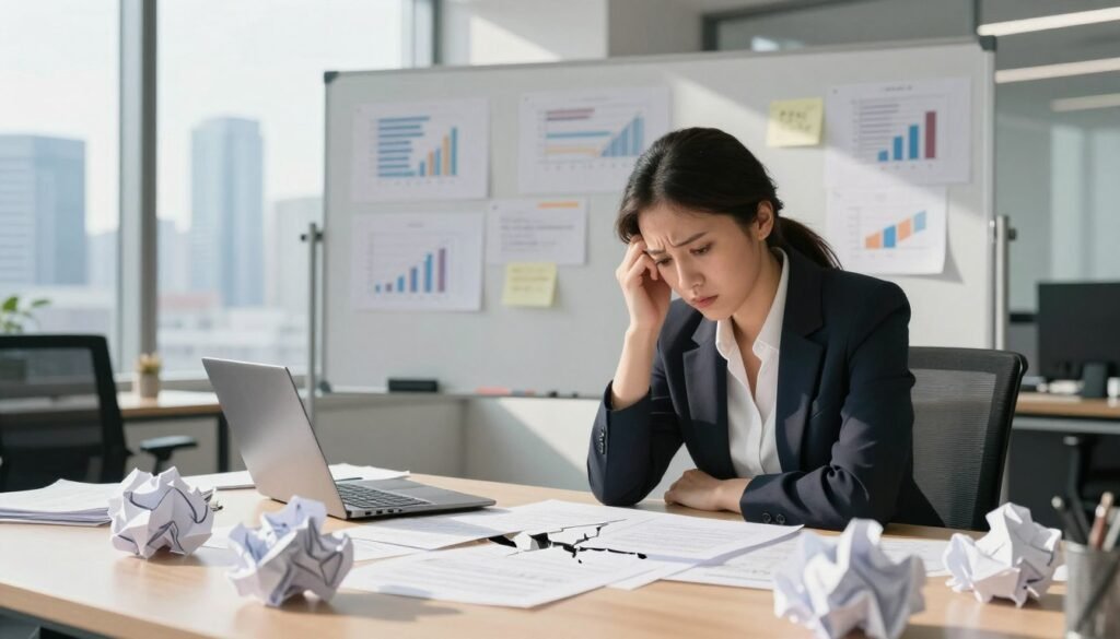 A fractured business plan lies on a cluttered desk in a modern office, with crumpled papers scattered around, symbolizing failure. In the foreground, a stressed businesswoman in professional attire looks thoughtfully at the documents, her brow furrowed in concern. In the middle ground, a whiteboard is filled with incomplete charts and notes, highlighting missteps and ideas left unexecuted. The background features a sleek city skyline visible through large windows, bathed in natural daylight that casts long shadows, creating a mood of urgency and contemplation. Soft focus on the edges draws attention to the central scene, invoking a sense of reflection and the challenges of executing a business strategy.