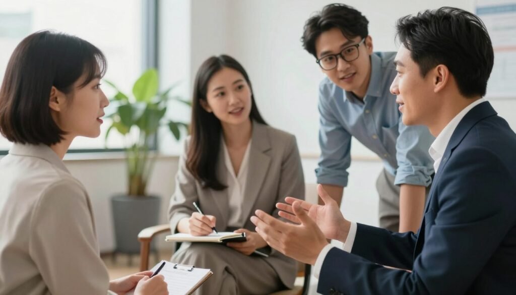 In a modern office setting, a diverse group of four professionals is engaged in an open communication session, representing teamwork and collaboration. The foreground features a woman with short hair in a smart blouse, actively listening to a man in a suit who is gesturing enthusiastically. In the middle, a woman of Asian descent is taking notes, while a man with glasses is leaning in to contribute ideas, showing inclusivity and engagement. The background showcases a bright room with large windows letting in natural light, plants adding a touch of greenery. Use a shallow depth of field to focus on the team while slightly blurring the background, creating a warm, inviting atmosphere that emphasizes collaboration and openness in communication. The color palette should be professional, with soft, soothing colors to evoke a sense of trust and teamwork.